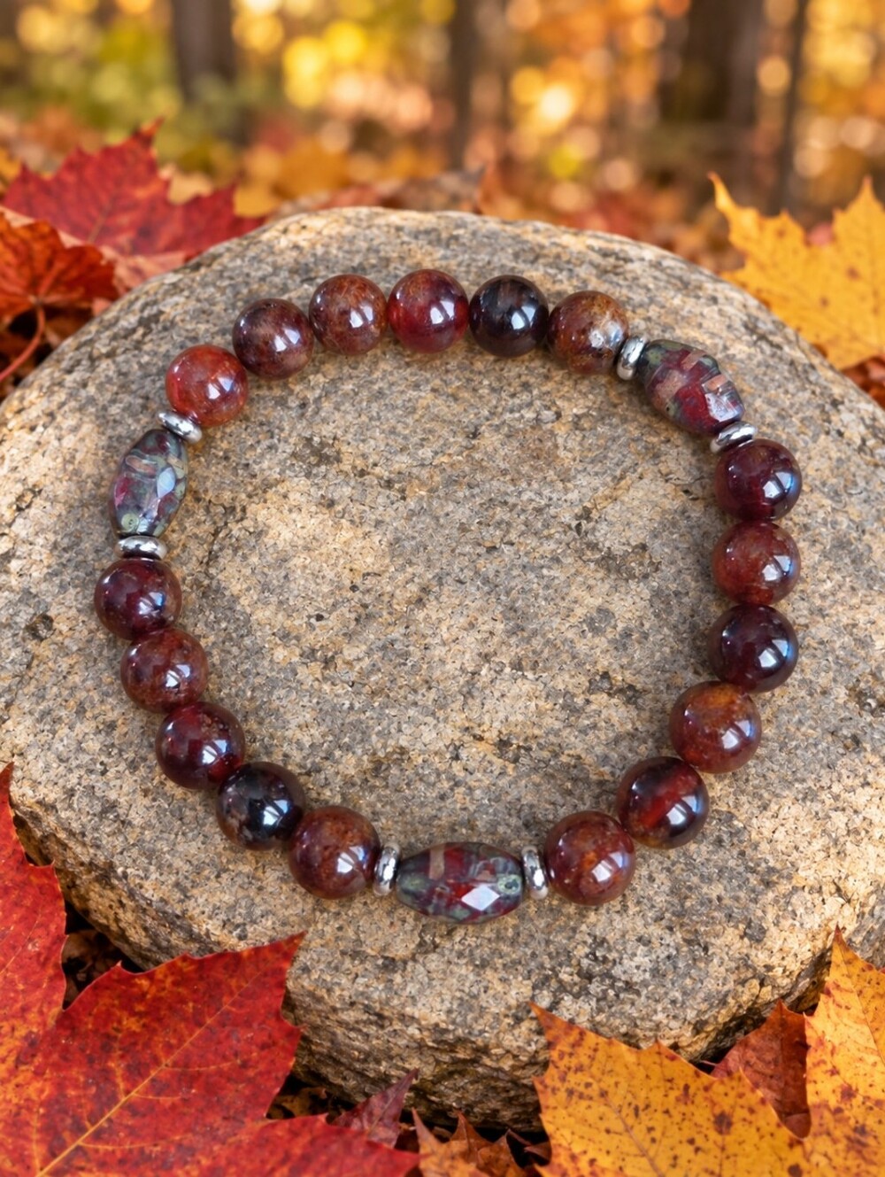 Hessonite Garnet & Czech Glass Beads Stretch Bracelet | Handmade